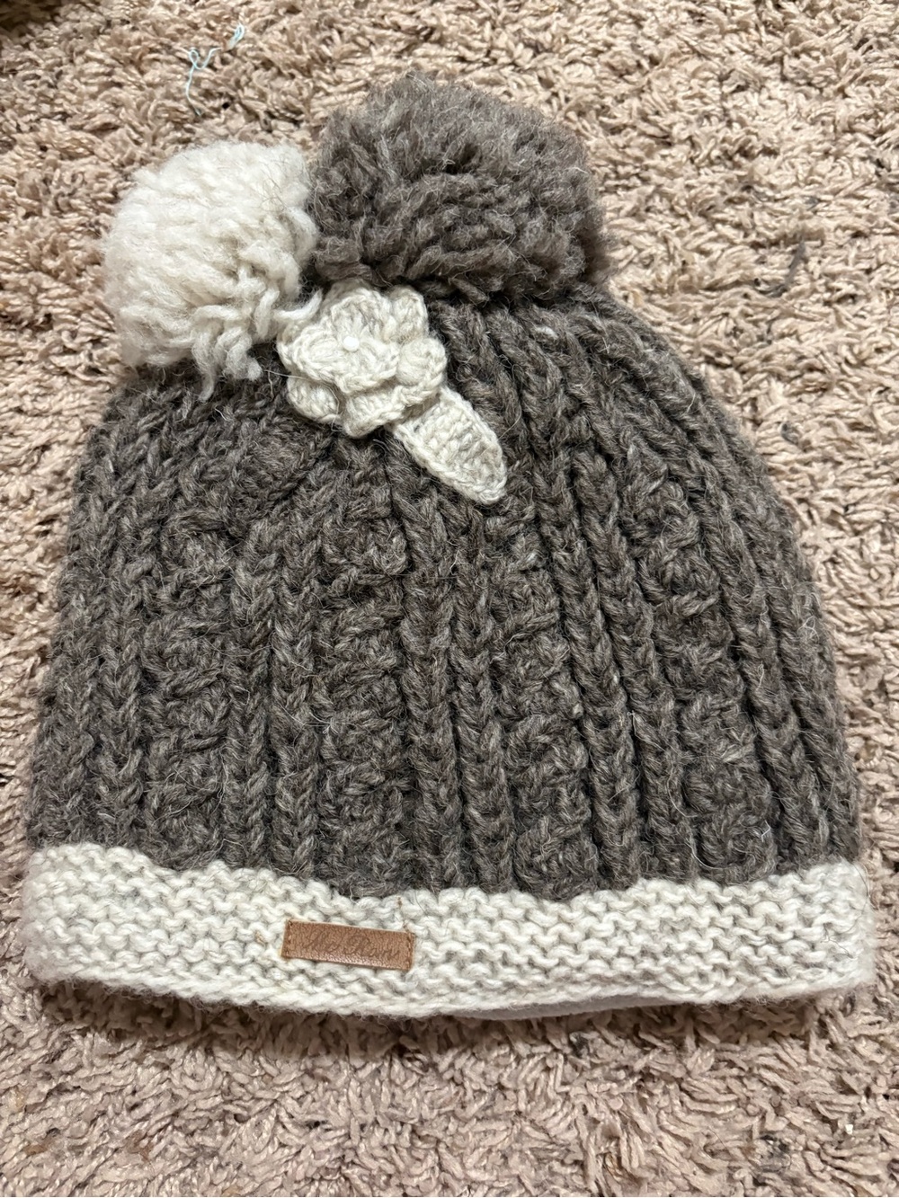 Cozy Knit Pom Beanie with Crochet Flower - Gray & Cream